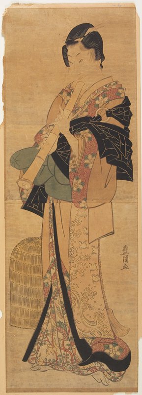Wakashu disguised as a mendicant priest playing a flute, Utagawa Toyokuni, 18th-19th century