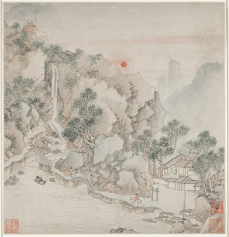 Untitled (waterfall, figures on horses and setting sun), Qian Gu, 1555