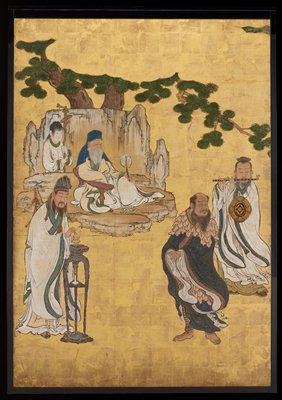 Old Man of the Southern Pole (under tree), Lü Dongbin (left), Zonglin Quan (center), Xue Shenwong (right) [center left of the set Daoist Immortals], Kano Sansetsu, 1646