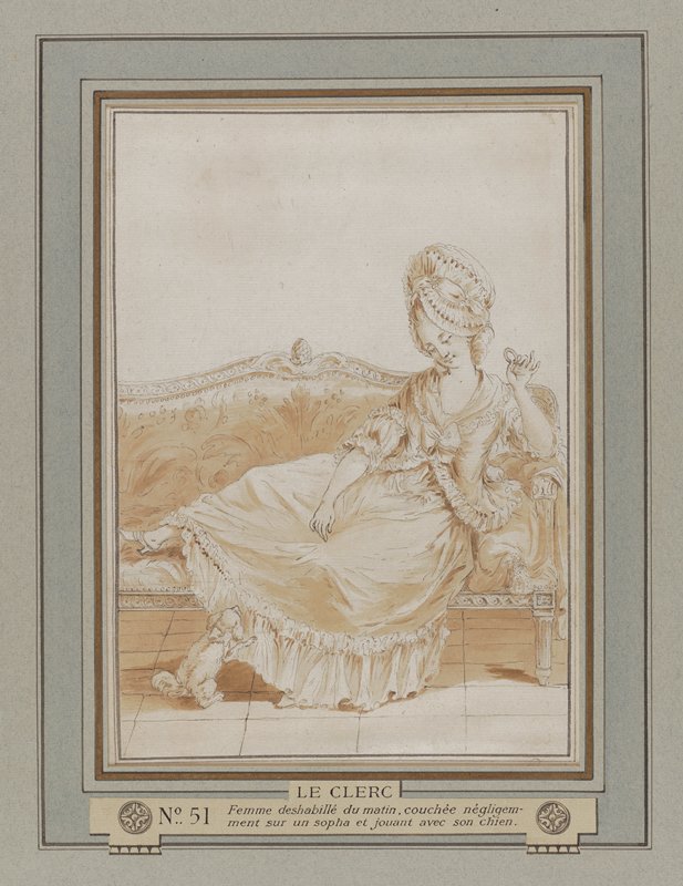 Woman Before Dressing in the Morning, Resting Casually on a Sofa while Playing with her Dog, preparatory drawing for Galerie des Modes et Costumes Français, Pierre Thomas Le Clerc, 1778