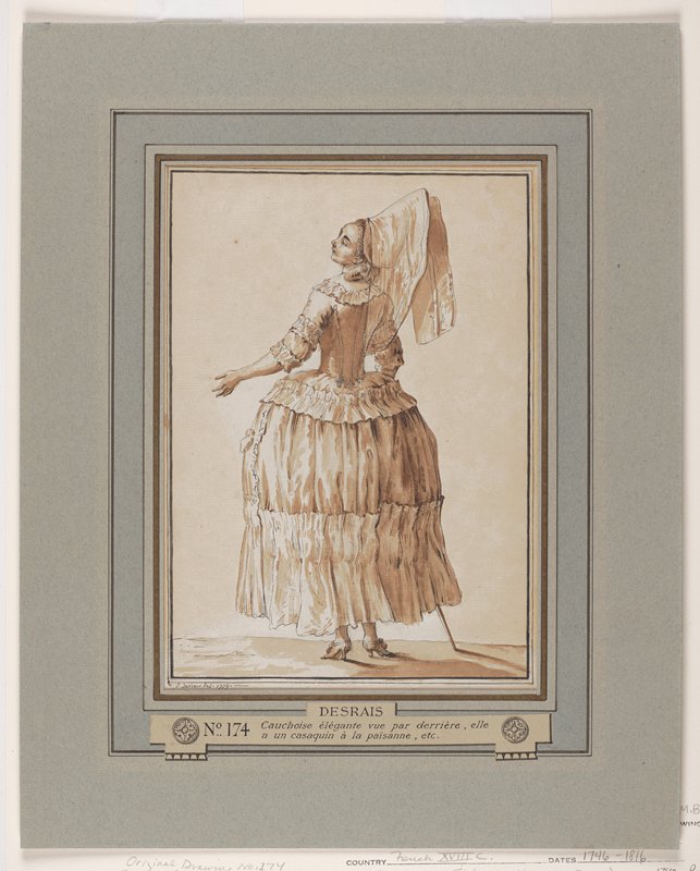 Elegant Woman from Caux Seen From Behind, preparatory drawing for Galerie des Modes et Costumes Français, Claude-Louis Desrais, 1779