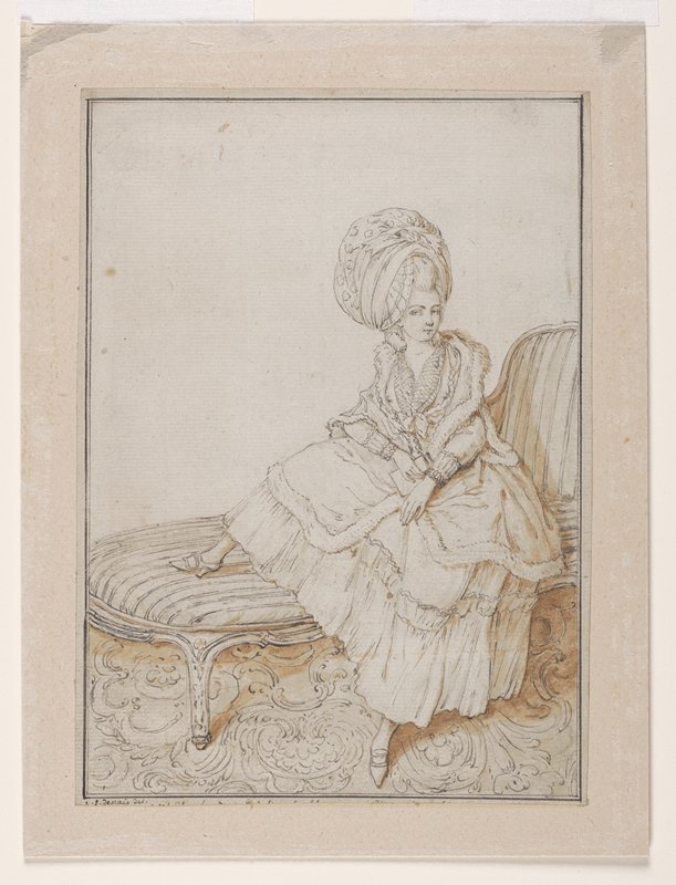 Young Woman on a Couch, preparatory drawing for Galerie des Modes et Costumes Français, Claude-Louis Desrais, 1778