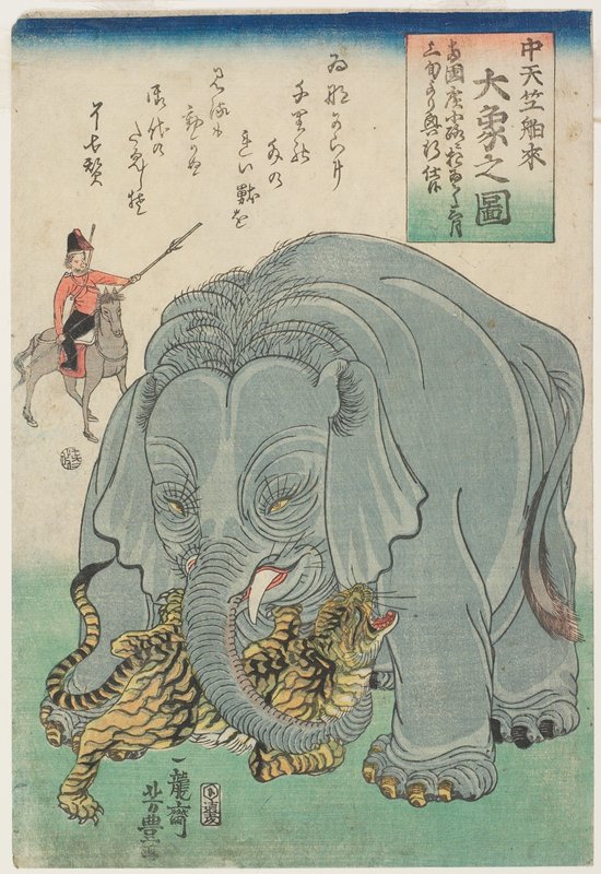 Elephant From India With Tiger, Utagawa Yoshitoyo, 1863, 2nd lunar month