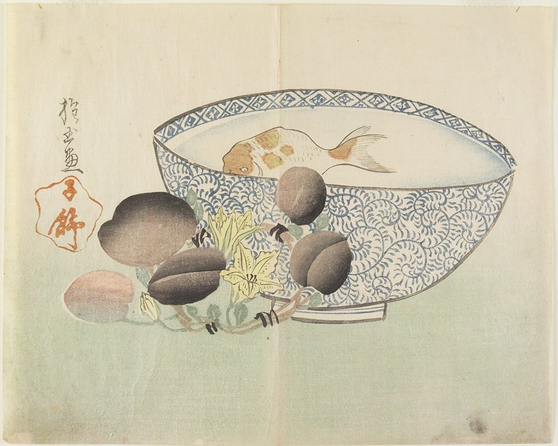Fish in Bowl of Water, Flowering Branch with Fruit, Yamada Hōgyoku, 1830s