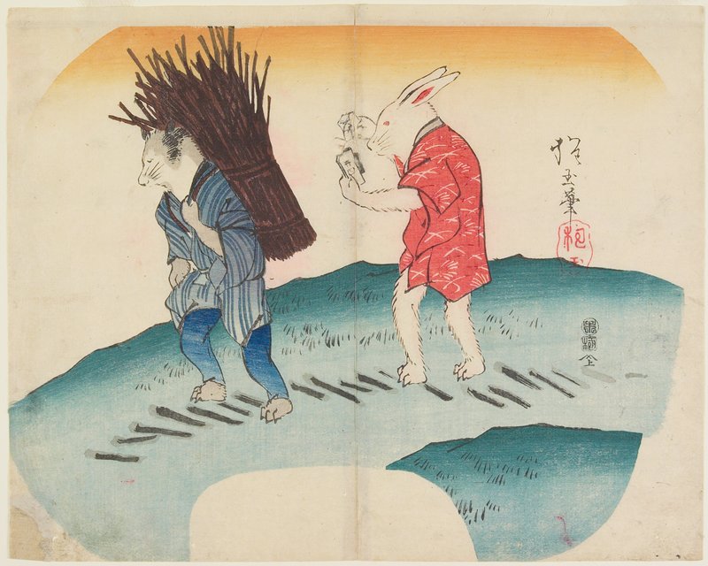 Rabbit Setting Fire on the Firewood Carried by Raccoon, Yamada Hōgyoku, 1835