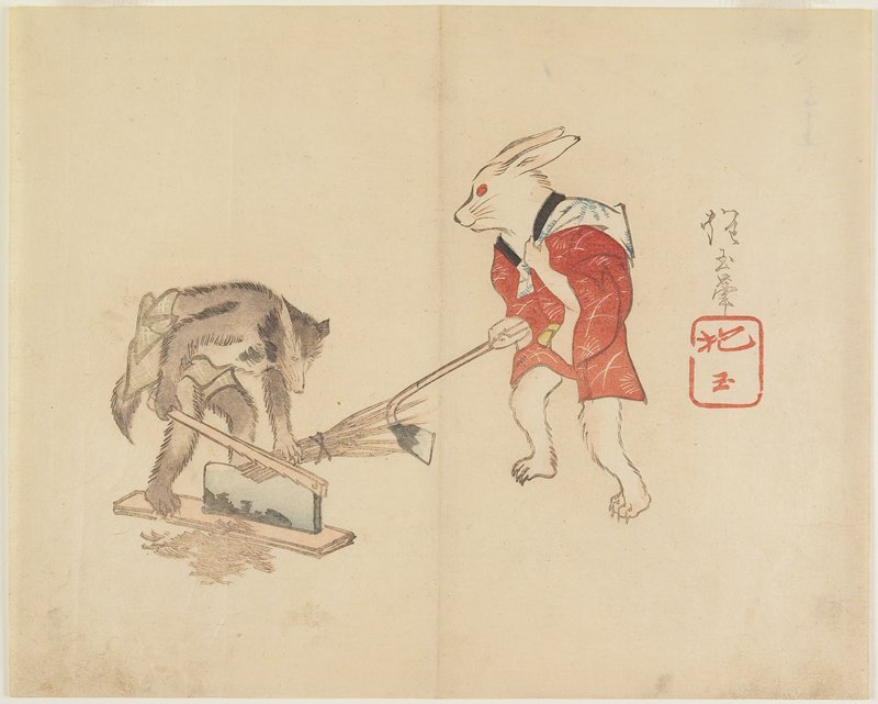 Rabbit and Raccoon Chopping Straw, Yamada Hōgyoku, 1830s