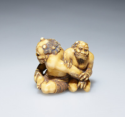 Two seated Oni, one massaging the other's arm, Hiraga Meigyokusai, 1970s