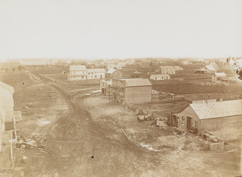 Minneapolis, looking south on Washington Avenue from Second Avenue South, Benjamin Franklin Upton, 1857