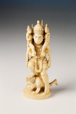 Untitled (Monkey God holding two acolytes with foots on demon man figure)