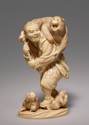 Hunter carrying a monkey he caught, Takeuchi Kyūichi, 1870s