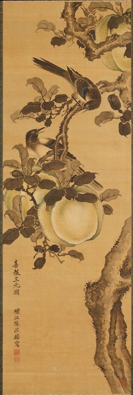 Magpies in a Fruit Tree, Yūhi 熊斐, mid 18th century