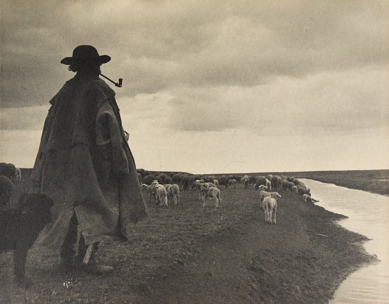 Shepherd, Sheep and Dog by River, László Papp, c. 1935