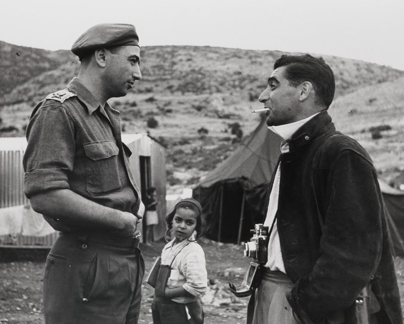 Robert Capa with General Mordechai Mekleff, Parod Immigrant Transfer Camp, 1949