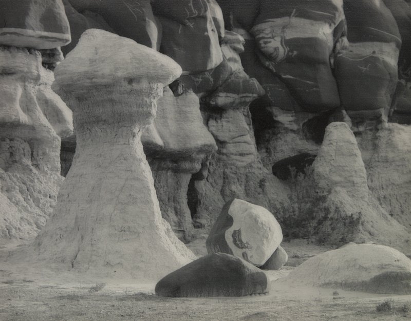 Untitled [striated rocks with fallen boulder], Forman G. Hanna, 20th century