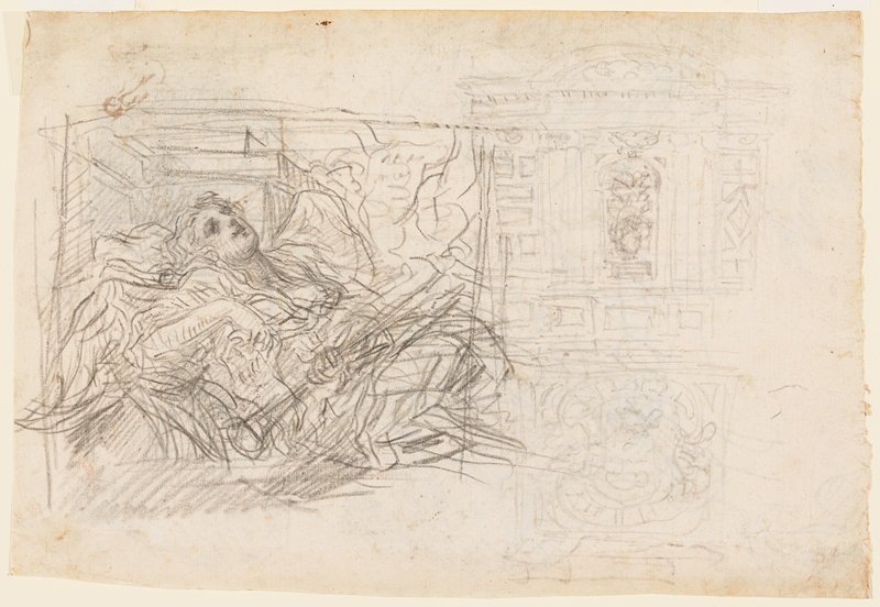 Female Figure Reclining (Allegory of Fame Vanquished by Time), Architectural Studies (recto); Three Studies of a Female Figure Reclining, Studies of Sculptural Ornament (verso), Baldassare Franceschini, 1660s–70s