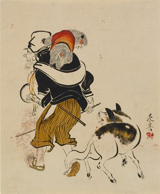 Dog barking at a monkey trainer, Shibata Zeshin, mid to late 19th century