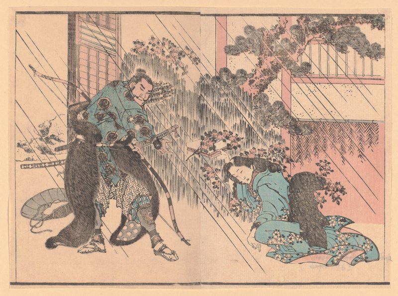 Woman Offering a Branch of Bloomed Cherry to a Warrior by Katsushika Hokusai