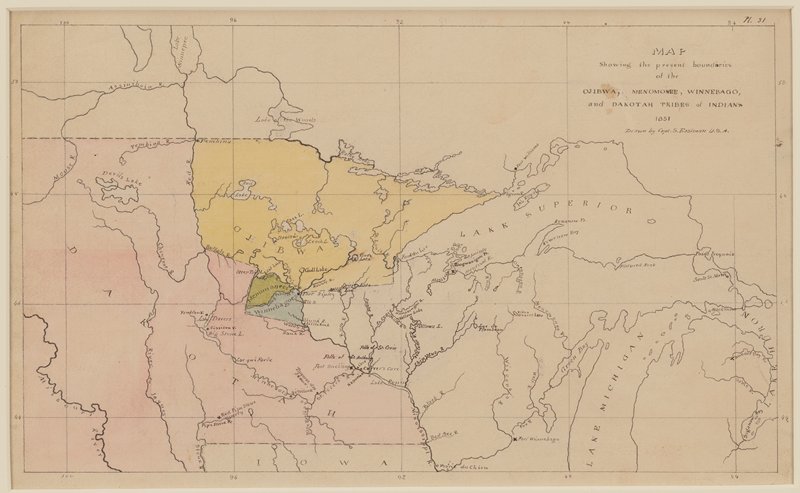 Map Showing the Present Boundaries of the Ojibwa, Menomonee, Winnebago, and Dakotah Tribes of Indians 1851, Seth Eastman, 1851