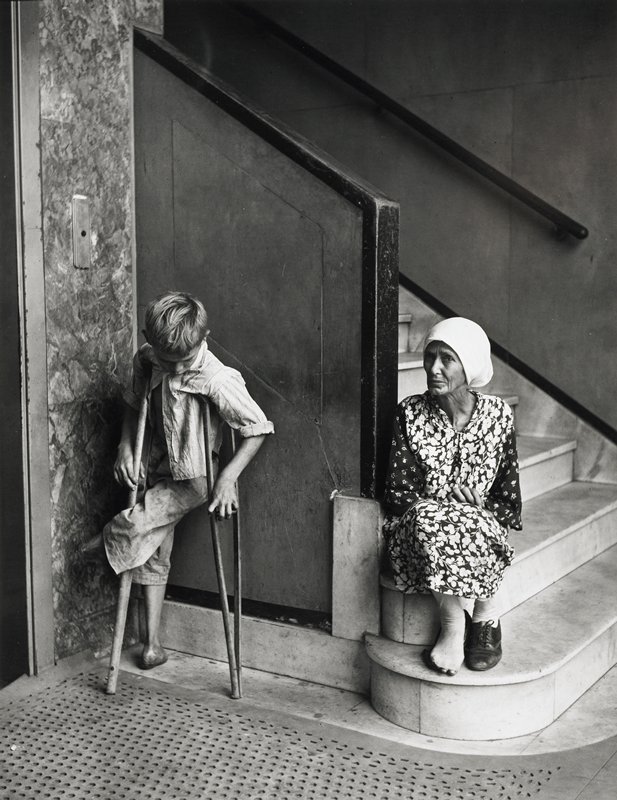 Woman and Crippled Boy Wait for Elevator, San Juan, Lou Stoumen, 1942