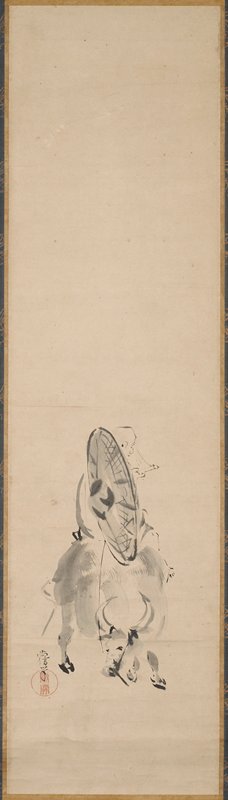 Zheng Huangniu riding an ox [center of a triptych of Zheng Huangniu, Kingfisher, and Wagtail], Attributed to Kano Naonobu, 17th century