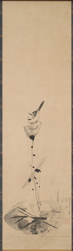 Wagtail on a Lotus [right of a triptych of Zheng Huangniu, Kingfisher, and Wagtail], Attributed to Kano Naonobu, 17th century