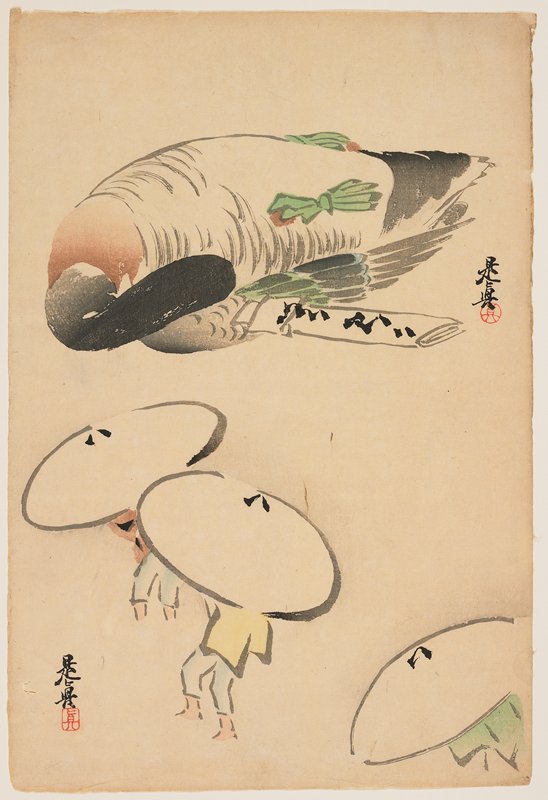 (Pheasant/Three men with umbrellas), Shibata Zeshin, 19th century