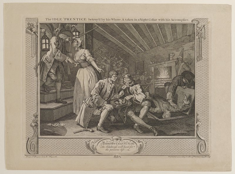 The Idle Prentice Betrayed by his Whore and taken in a Night Cellar with his Accomplice, Уильям Хогарт, 1747