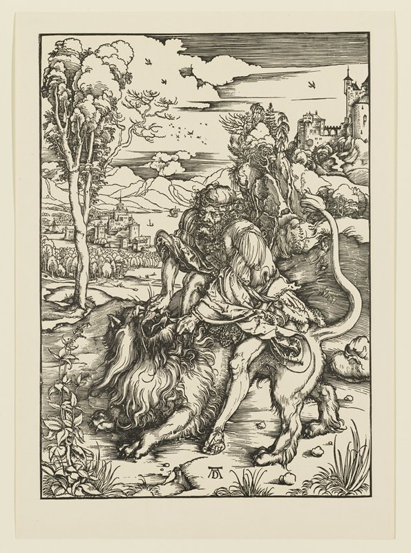 Samson Fighting with the Lion, Albrecht Dürer, designed c. 1497–1498, printed early 20th century