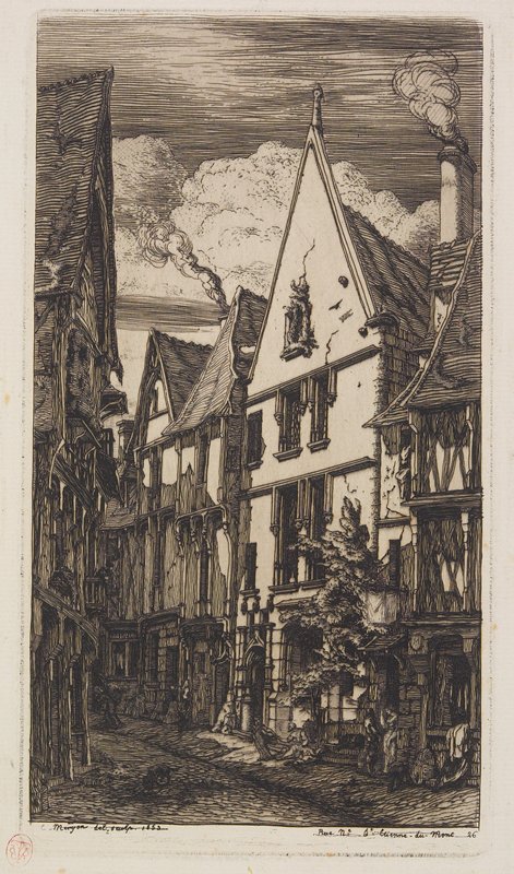 View along Rue des Toiles, Bourges, Charles Meryon, 1853