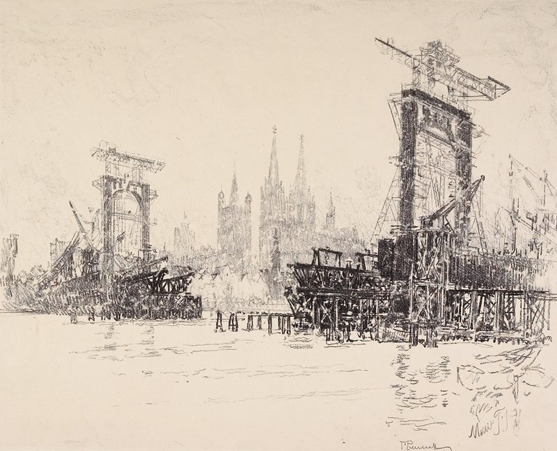 Building the Bridge at Cologne, Joseph Pennell, 1914