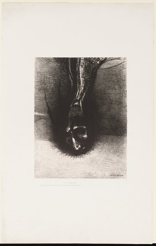 Les Sciapodes: La tête le plus bas possible, c'est le secret du bonheur!, Plate VI from La tentation de Saint Antoine, Одилон Редон, 1889