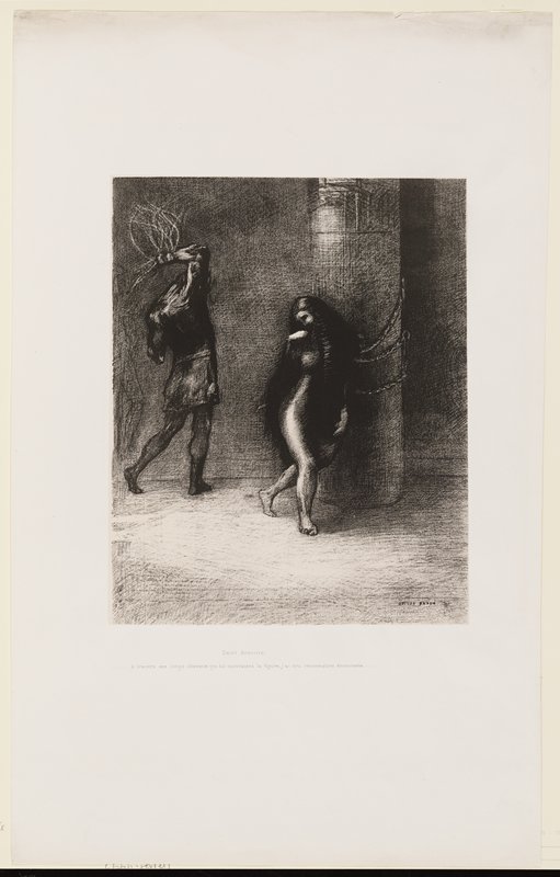 A travers ses longs cheveux qui lui couvraient la figure. . ., plate I from La tentation de Saint Antoine, Одилон Редон, 1889