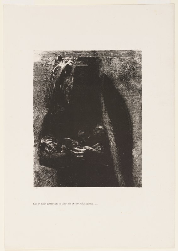 C'est le diable, portant sous ses deux ailes..., plate II from La tentation de Saint Antoine, Одилон Редон, 1888