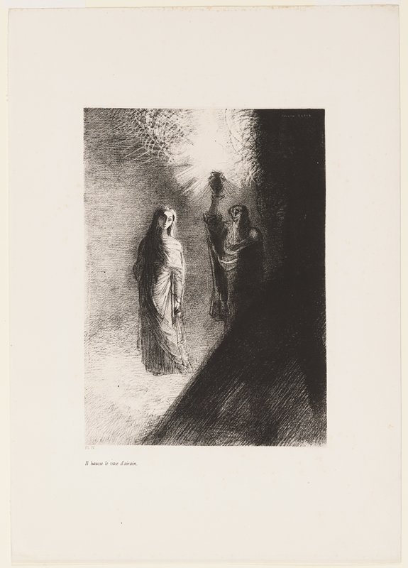 Il hausse le vase d'airain, plate IV from La tentation de Saint Antoine, Одилон Редон, 1888