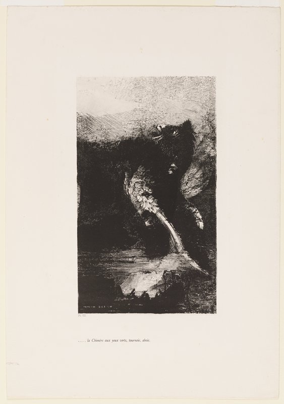 ...la Chimere aux yeux verts, tournoie, aboie, plate VII from La tentation de Saint Antoine, Одилон Редон, 1888