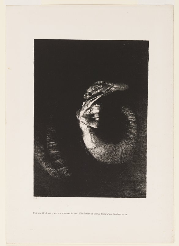 C'est une tête de mort, avec une covronne de roses, plate VI from La tentation de Saint Antoine, Одилон Редон, 1888