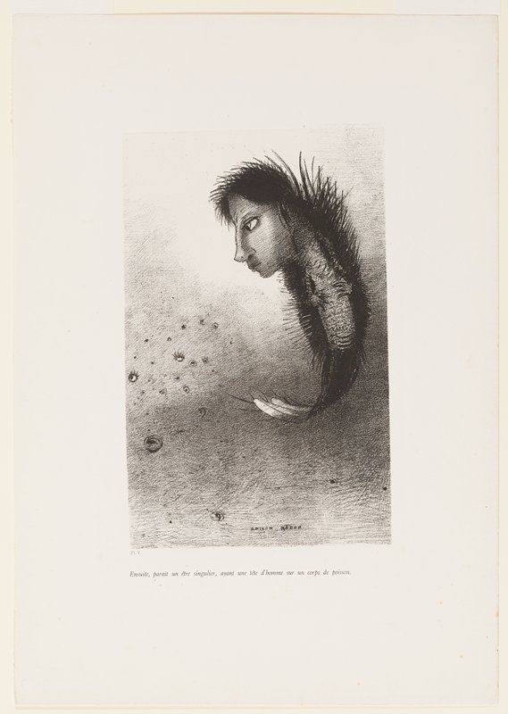 Ensuite, parait un être singulier, ayant une tête d'homme..., plate V from La tentation de Saint Antoine, Одилон Редон, 1888