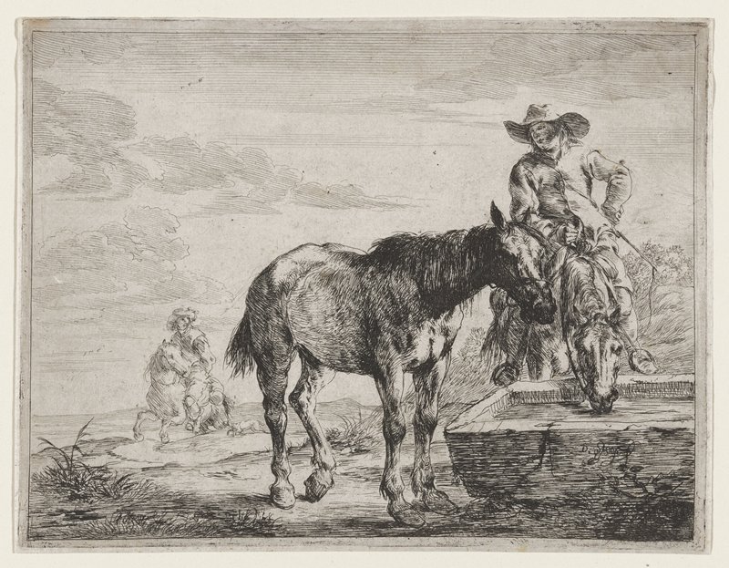 Two Horses at the Watering Trough, Dirk Stoop, 17th century