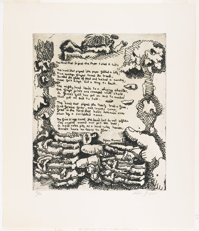 The Hand that Signed the Paper Felled a City, c. 1957-58, from 21 Etchings and Poems, Peter Grippe, 1960