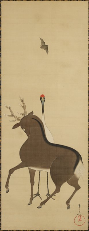 Deer, Crane and Bat, Suzuki Kiitsu, 19th century