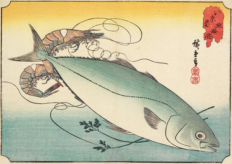 Prawn and Yellow Tail, Utagawa Hiroshige, 1830s