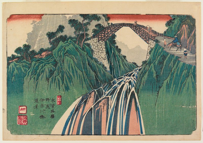 No. 41, Nojiri: Distant View of the Ina River Bridge, Eisen 英泉, c. 1835–38