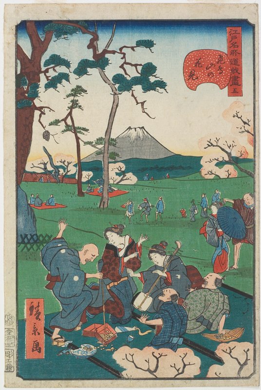 Five, Cherry-blossom Viewing at Asuka Hill, Utagawa Hirokage, 1859, 5th month