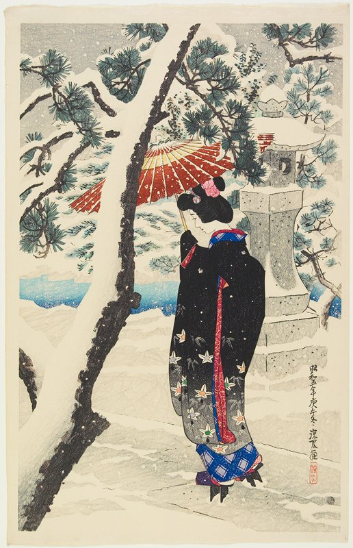 The Grounds of a Shrine in Snow, Itō Shinsui, Winter 1930