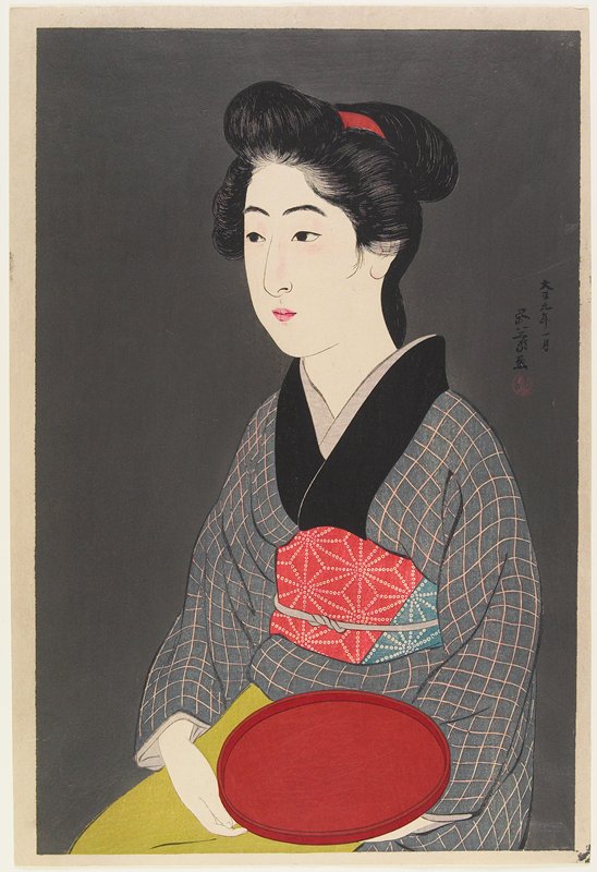 Woman Holding a Tray, Hashiguchi Goyō, January 1920