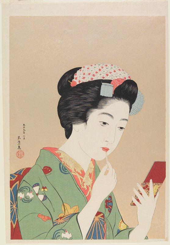 Woman Holding a Lip Brush, Hashiguchi Goyō, February 1920
