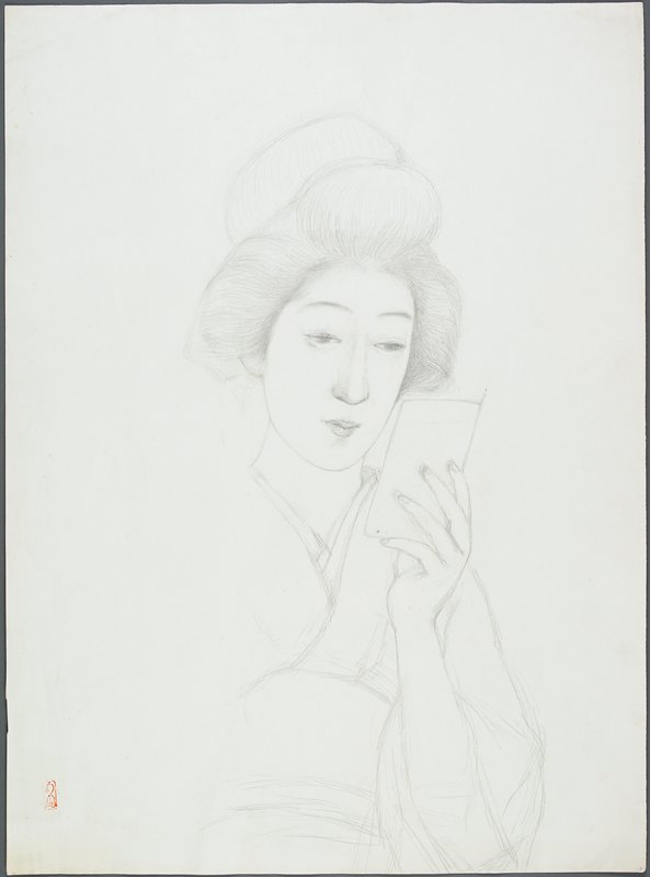 Study of a seated woman holding a mirror, Hashiguchi Goyō, early 20th century