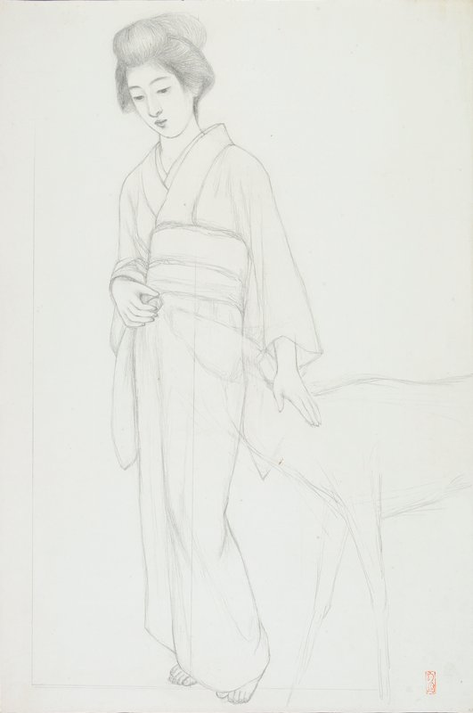 Study of a standing woman stroking a deer, Hashiguchi Goyō, early 20th century
