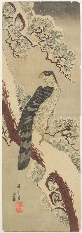 Falcon on Snow-covered Pine, Utagawa Hiroshige, c. 1840–42