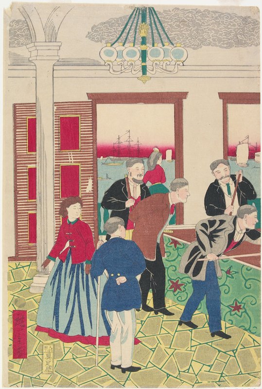 Foreigners at Billiard Game, Utagawa Hiroshige III, c. 1872–73